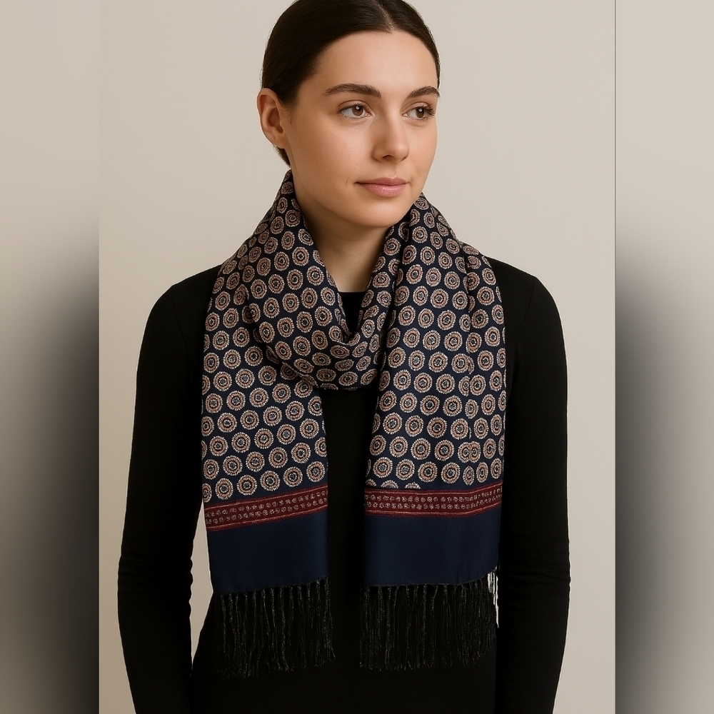 QINREN DOUBLEFACED SATIN SILK SCARF WITH FRINGE 52''x11"